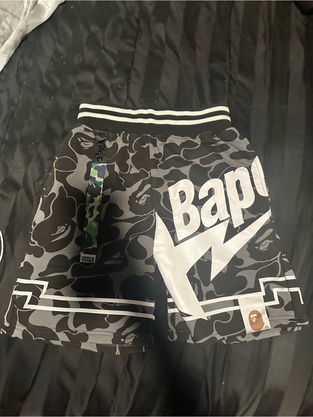 Bape Men’s Black & Gray Camo Logo Athletic Shorts